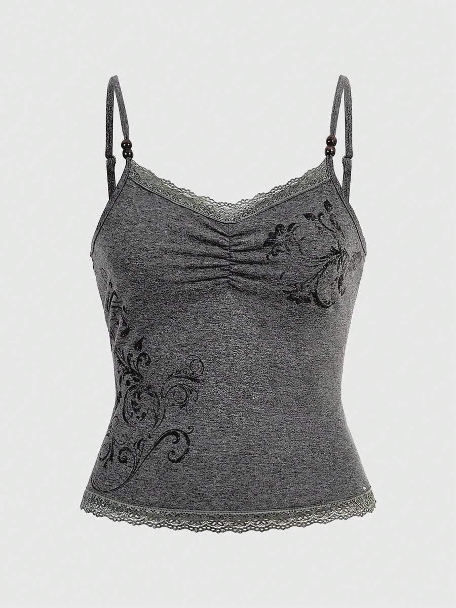 ROMWE Fairycore Của phụ nữ Ren Cắt tỉa Áo ba lỗ Áo ba lỗ - Xám - Xem 1