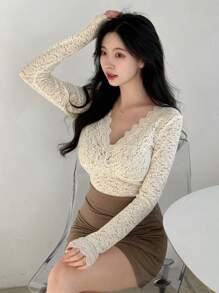 DAZY Women's Solid Color Lace Top With Scalloped Hem Going Out Tops Long Sleeve Women Tops - Beige - View 3