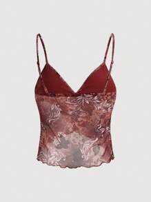 SHEIN ICON Top Cami De Malla Transparente Con Estampado De Plantas Y Envoltura Cruzada.