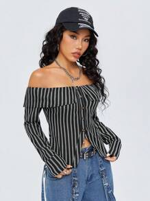 SHEIN EZwear Off Shoulder Sọc Của phụ nữ Áo sơ mi - màu đen - Xem 3