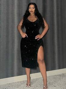 Slaydiva Slayr 加大码优雅亮片紧身开衩连衣裙，适合情人节、派对、约会之夜、俱乐部装扮 - 黑色 - 查看 4