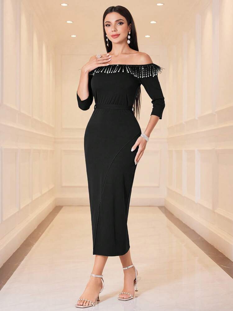 Women's Pearl Decor Off Shoulder Split Hem Dress Long Evening Dresses