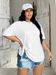 CovetEZ Của phụ nữ Kích thước lớn Màu thuần Thả vai Áo thun - trắng - Xem 1