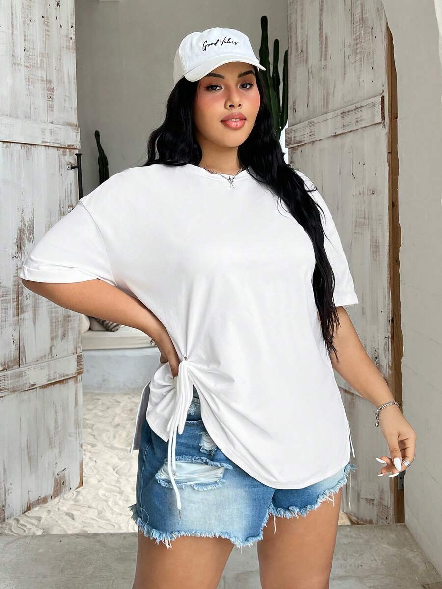 CovetEZ Của phụ nữ Kích thước lớn Màu thuần Thả vai Áo thun - trắng - Xem 1