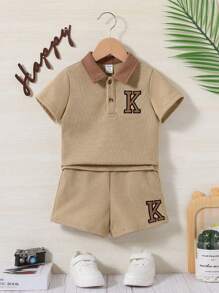 SHEIN Baby Boy Contrast Collar Letter Embroidery Waffle Knit Top & Shorts