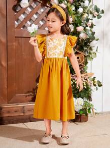 SHEIN Young Girls' Printed Patchwork Ribbon Detail Ruffle Hem Loose Casual Dress - Yellow - View 3