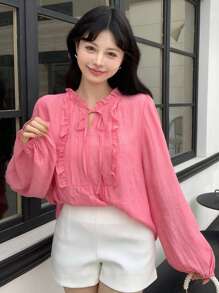 DAZY 女式灯笼袖荷叶边系带长袖衬衫 - 玫紅色 - 查看 8