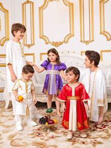 SHEIN Vestido de línea A de bloques de color hermosos para niña joven con detalles de parche - Morado - Ver 3