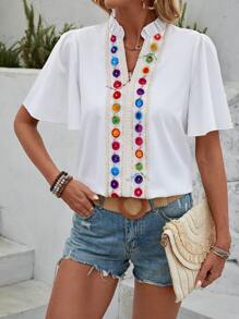 Breezaya 蕾絲邊v領女短袖襯衫 - 白色 - 查看 3