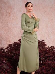 Modelyn Vestido largo de noche con dobladillo plisado y puños de manga esponjosos en color liso para mujeres