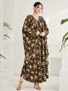Al Najma Vestido De Manga Murciélago Con Estampado Floral - Verde - Ver 4