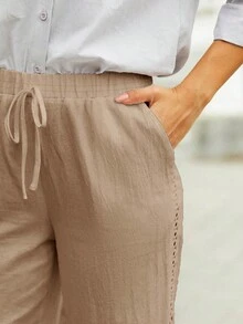 女式直筒亚麻中腰休闲街头风格度假蕾丝口袋纯色裤子 - 卡其色 - 查看 4