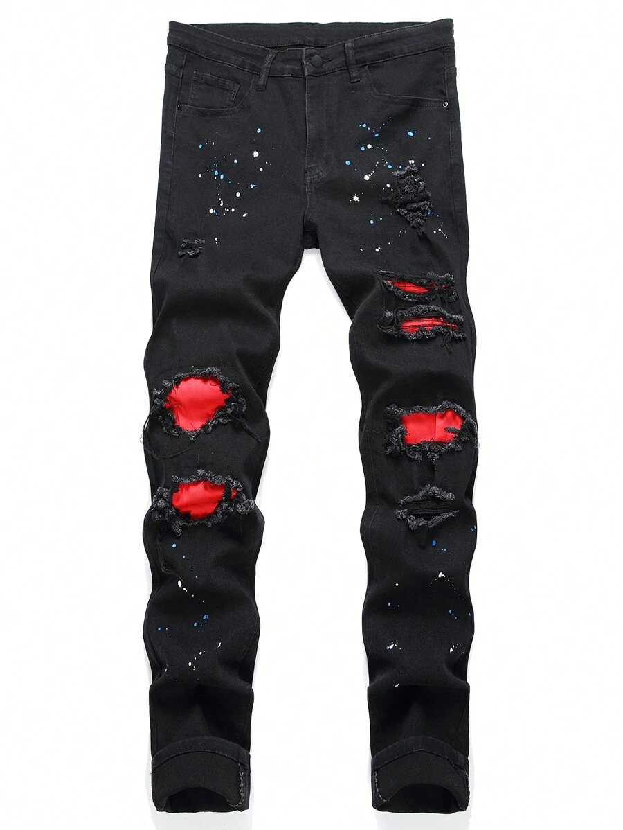 Manfinity Roughcore Nam Denim Quần jean Với Có khóa kéo Patch Thiết kế - màu đen - Xem 1