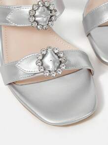 Women'S High Heeled Chunky Heel Sandals Decorated With Rhinestones - Silver - View 7