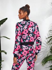 Debra Valencia Designer Business Casual Floral Flower Zip Up Bomber Jacket, For Holiday, Vacation, Going Out, Spring, Festival, Ibiza Fits - Multicolor - View 2