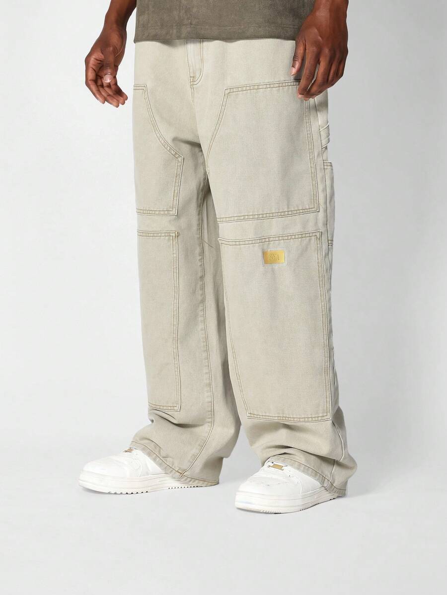 SUMWON 宽松实用木匠工作裤休闲阔腿牛仔裤，多口袋舒适街头装幸运符节日表演裤 - 綠色 - 查看 1