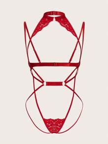 SHEIN 女用性感鏤空掛脖內衣套裝紅色 - 紅色 - 查看 6