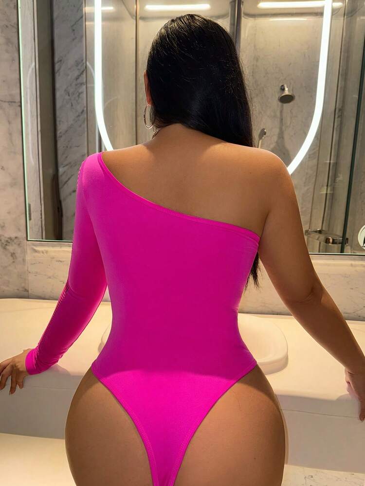 Valentine's Day Ladies Sexy Rose Red  Party Sexy Nightclub Hot Girl Chest Details Waist Details Arm Details Fishnet Slope Neck Asymmetrical Collar Long Sleeves High Elastic Seamless High Elastic Silk Short Bodysuit