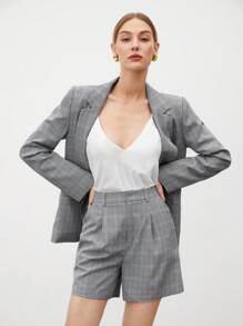 BizChic 女式格紋翻領西裝外套和短褲套裝 - 黑與白 - 查看 6