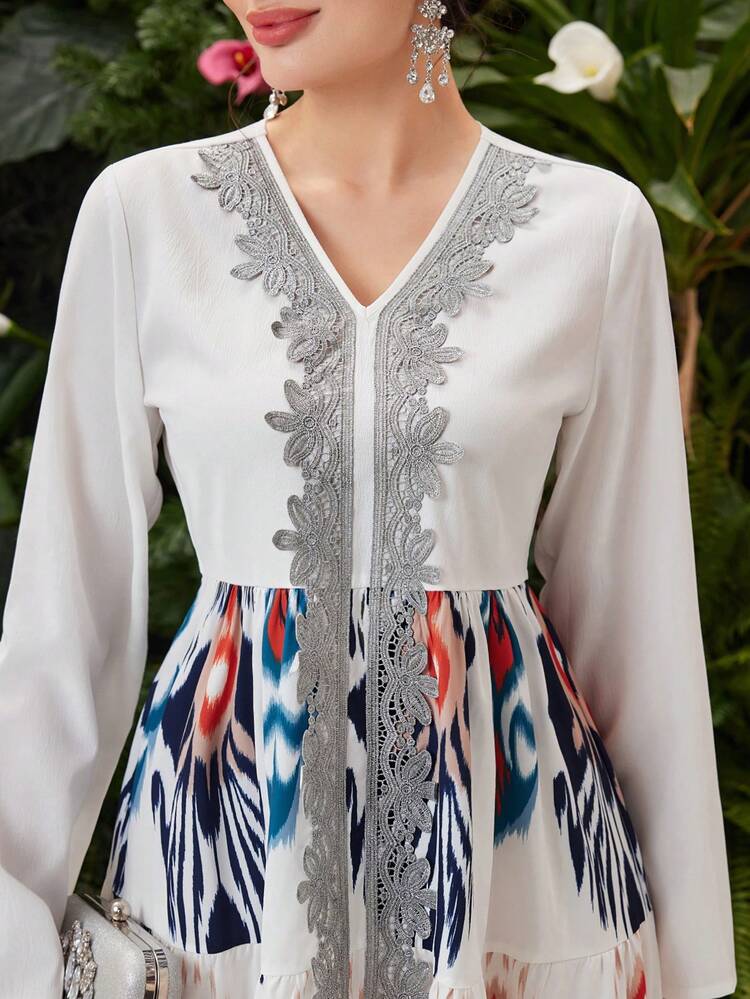 Women's Embroidery Patchwork V-Neck Long Sleeve Dress Fall Cloth For Women
