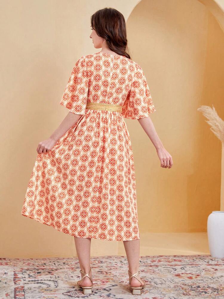 Teen Girl's Jacquard Floral Printed Trumpet Sleeve Dress With Gold Waistband Decor And Embroidery