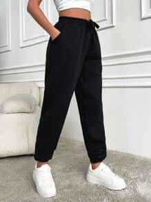 RueChic Women's Drawstring Waist & Cuffed Hem Sweatpants - Black - View 5