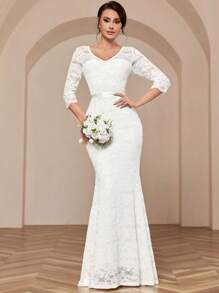 MIUSOL V-Neck Full Lace Mermaid White Evening Gown, Elegant Bridal Wedding Dress, For Valentine's Day - White - View 2