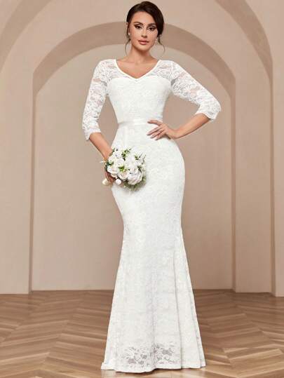 MIUSOL V Neck Full Lace Mermaid Hem Evening Party Formal Dress White Elegant Wedding Bridal Dress,Bride