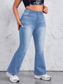 SHEIN ICON 加大號洗水漂染喇叭褲 - 淺色水洗藍 - 查看 5