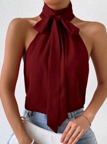 RosyDaze 正面繫帶無袖掛脖襯衫 - 酒紅色 - 查看 4