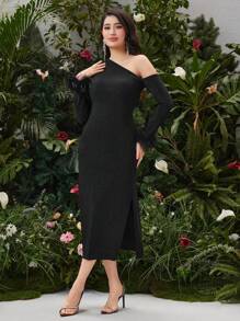 Modelyn Asymmetric Collar Sleeve Dress - Black - View 5