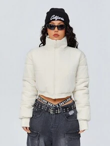 SHEIN Coolane Abrigo acolchado con cremallera para invierno - Blanco - Ver 5