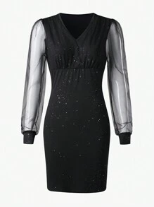 Zolique Women's Mesh Spliced Silver Foil Print Dress - Black - View 3