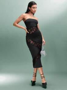 SHEIN BAE 純黑色蕾絲拼接和鏤空設計半透明開衩緊身無肩帶連身裙,非常適合春夏派對、單身聚會、約會之夜、音樂節和夜店。 - 黑色 - 查看 5