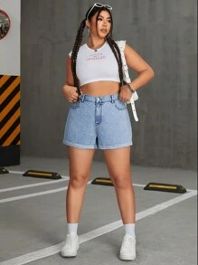 SHEIN EZwear Plus Size Women's Rolled Hem Denim Shorts