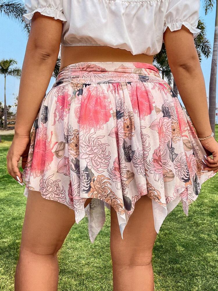 Plus Size Full Print Asymmetric Hem Skirt