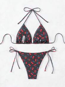 Swim Mod Summer Beach Women's Cherry Print Halter Neck Two-Piece Bikini Set - Black - View 2