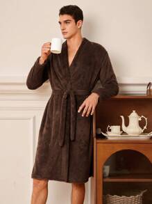 Men'S Plush Home Robe - Coffee Brown - View 7