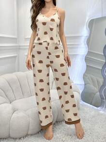 Bear Print V-Neck Cami Top And Pants Pajama Set - Multicolor - View 4