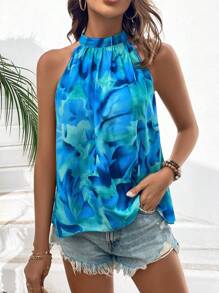 Breezaya Women's Halter Neck All-Over Print Sleeveless Blouse