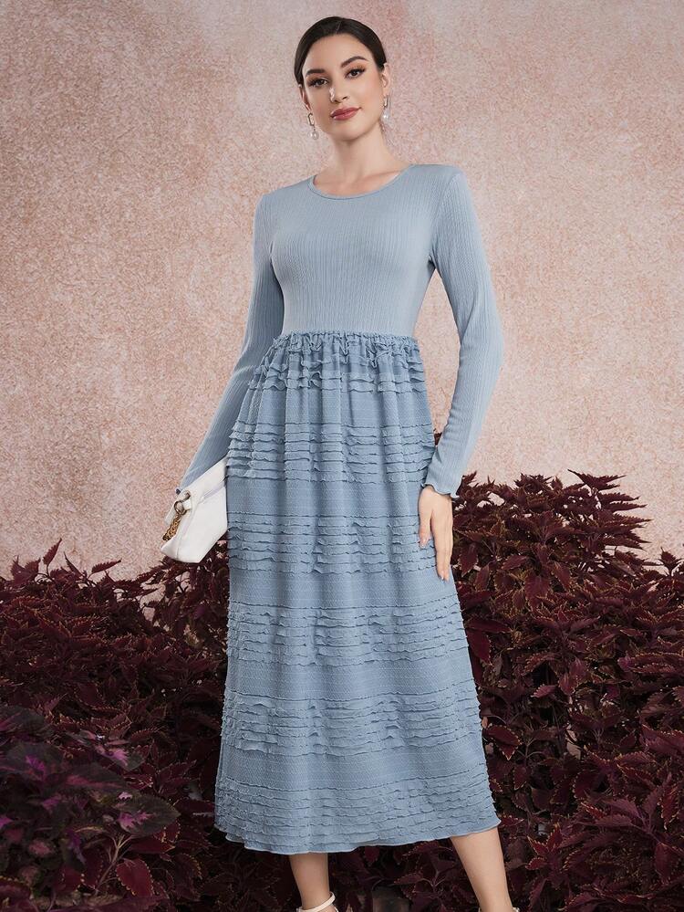 Ladies' Textured Dress With Waist Cinching Feature Long Evening Dresses