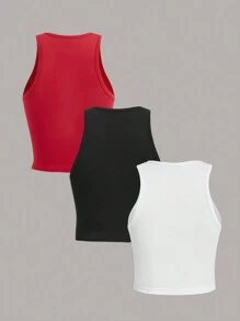 SHEIN Essnce 3 件套休闲简约纯色短款修身女士背心，夏季 - 彩色 - 查看 2