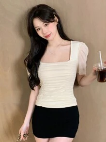 DAZY 方领褶皱短袖T恤夏季女款短款上衣 - 白色 - 查看 7
