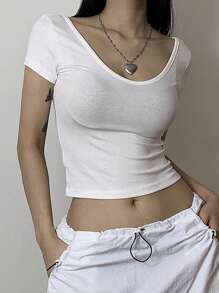 DAZY Women's Short Sleeve Solid Color Rib-Knit Crop T-Shirt - White - View 1