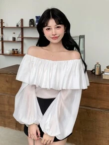 DAZY Solid Color Off-Shoulder Ruffle And Lantern Sleeve Women's Shirt,Off Shoulder Top Long Sleeve Top Going Out Tops - White - View 5