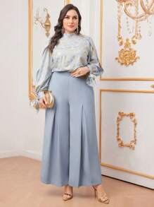 Modelyn Plus Size Women's Stand Collar Top And Wide Leg Pants Set With Gold Foil Print - Multicolor - View 6