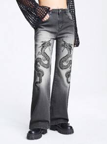 ROMWE Grunge Punk Của phụ nữ Rồng thêu Denim mùa giặt Denim Quần jean - màu đen - Xem 1