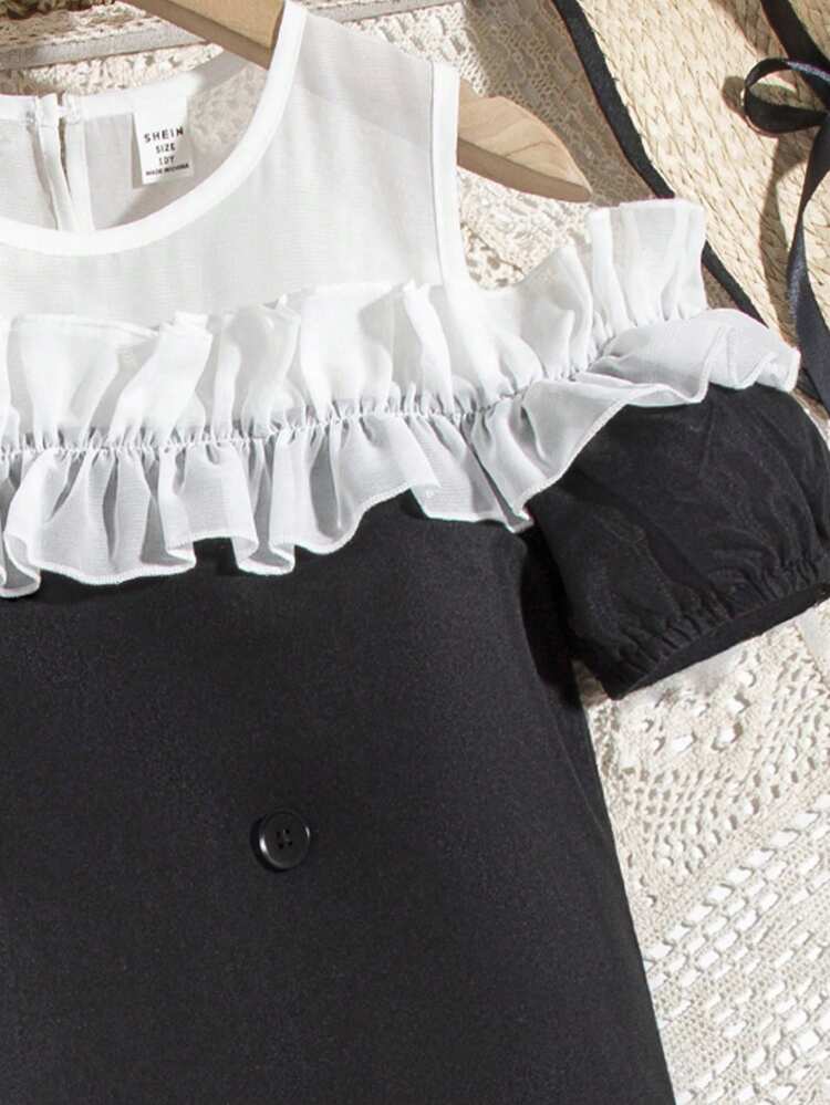 Tween Girls' Elegant Simple Sweet Contrast Color Off-The-Shoulder Double-Breasted Ruffle Hem Dress