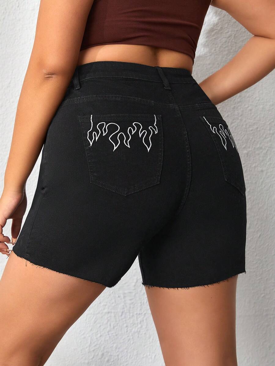SHEIN EZwear 大尺碼高腰牛仔短褲,後背繡花細節設計 - 黑色 - 查看 1