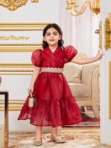 SHEIN 年輕女孩時尚刺繡泡泡袖A線連衣裙，搭配編織腰帶和透明紗領 - 酒紅色 - 查看 5